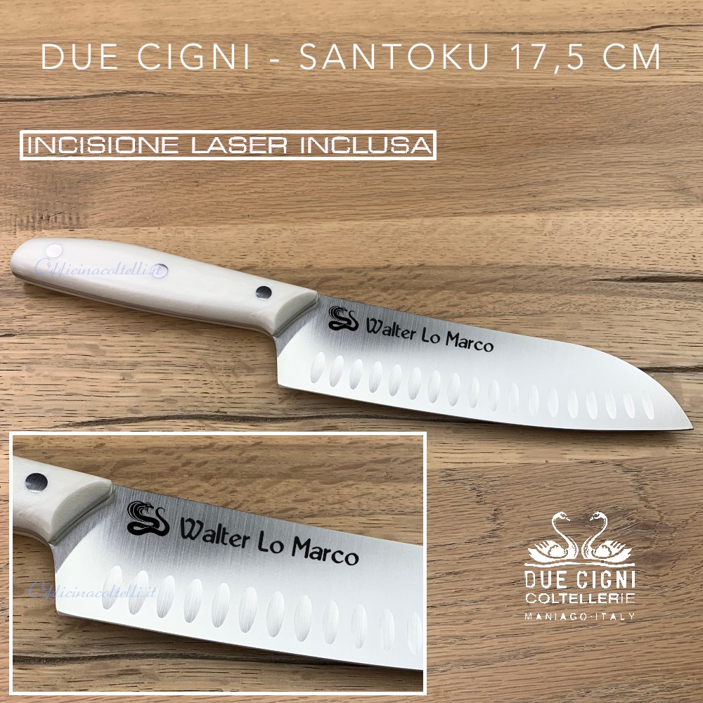 Foto del coltello Santoku 1896 Due Cigni personalizzato manico bianco